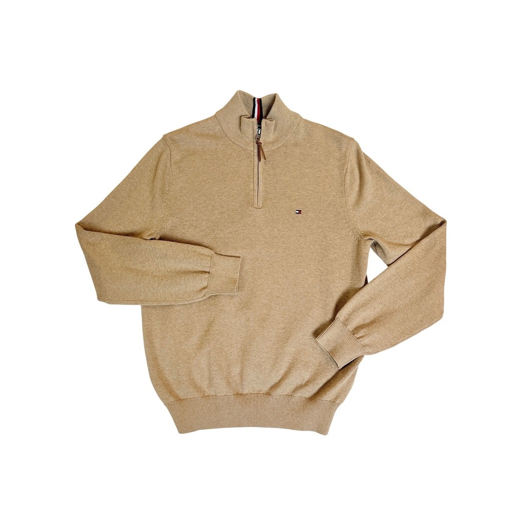 Tommy Hilfiger Quarter Zip Sweater Mens Size M Tan Cotton Leather Pull